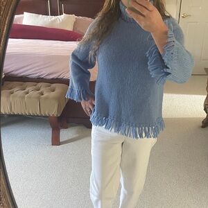 Tory Burch Light Blue Fringe Turtleneck Sweater